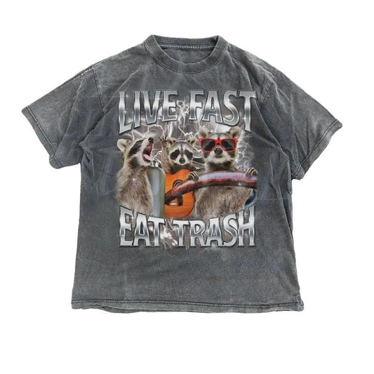 Comfort Colors Live Fast Eat Trash 90s Style Graphic T-Shirt, Retro Raccoon Shirt, Trendy Funny Shirts, Adult Unisex Relaxed Shirt