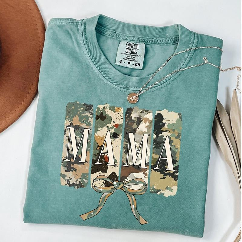 Comfort Colors Mama Camo Coquette Bow Shirt, Old School Camo Shirt, Girls Camo Bow T-shirt, Retro Hunting Mama Tee, Unisex T-Shirt