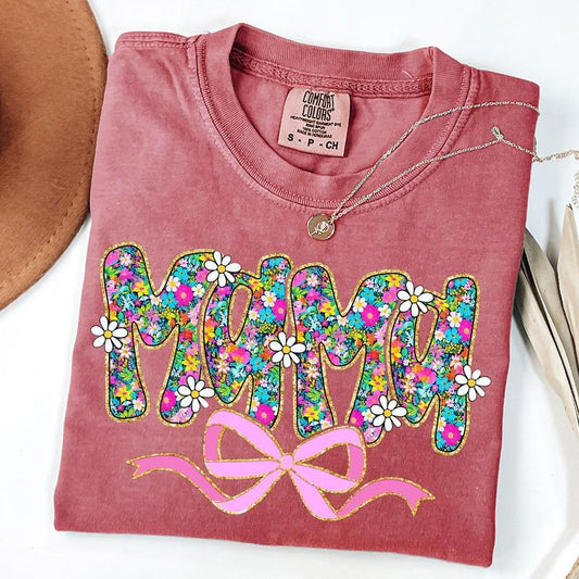 Comfort Colors Mama Daisy Coquette Shirt, Retro Mama Floral Shirt, Preppy Mom Shirt, Mama Coquette Bow T-Shirt, Mother's Day Gift, Unisex T-Shirt