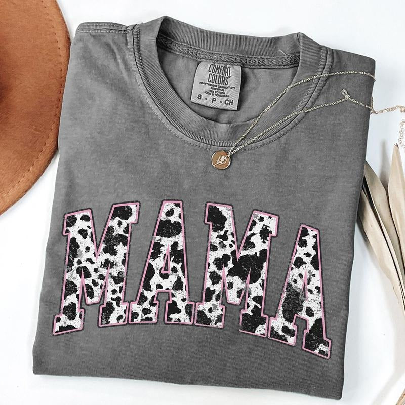 Comfort Colors Mama Pink Cow Western T-shirt, Western Mama T-Shirt, Retro Mama Varsity Shirt, Gift for Mothers Day, Unisex T-Shirt