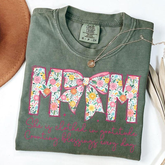 Comfort Colors Mom She is Clothed in Gratitude Shirt, Christian Mama Shirt, Retro Mama Flower Shirt, Bible Verses, Mother's Day Gift, Unisex T-Shirt