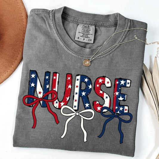 Comfort Colors Patriotic Coquette Nurse Shirt, America Nurse Shirt, 4th of July Shirt, Memorial Day, Unisex T-Shirt