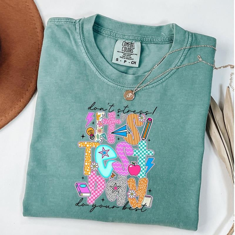 Comfort Colors Preppy It's Test Day Don't Stress Do Your Best Shirt , Retro Teacher Pencil Shirt, Teacher Daisy Shirt, Unisex T-Shirt