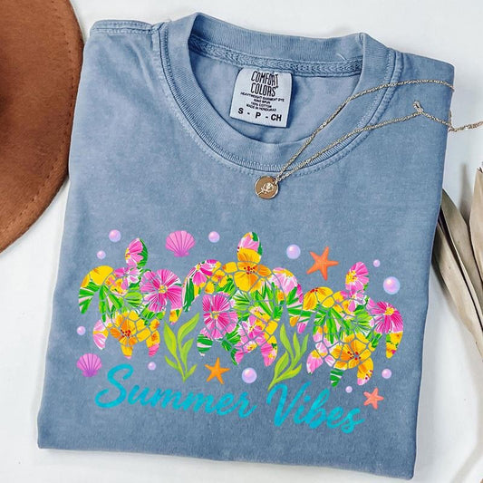 Comfort Colors Preppy Summer Vibes Shirt, Sea Turtle Shirt, Beach Vibes T-Shirt, Ocean Life, Ocean Turtle, Unisex T-Shirt