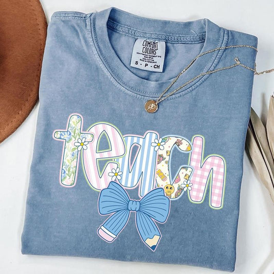 Comfort Colors Preppy Teacher Floral Coquette Shirt, Teach Blue Floral T-Shirt, Checkered Teacher Shirt, Pencil Bow T-Shirt, Unisex T-Shirt
