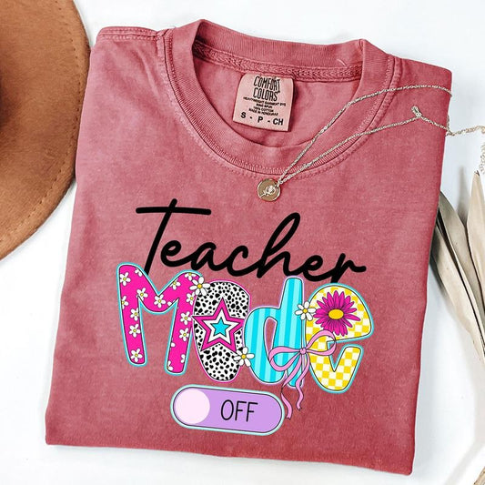 Comfort Colors Preppy Teacher Mode Off T-Shirt, Teach Blue Floral Shirt, Last Day Of School Tee, Coquette Bow, Checkered T-Shirt, Unisex T-Shirt