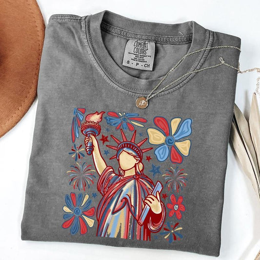 Comfort Colors Retro 4th July Statue of Liberty Shirt, 4th of July T-Shirt, Boho Floral 4th Of July T-Shirt, USA Flag Shirt, Unisex T-Shirt