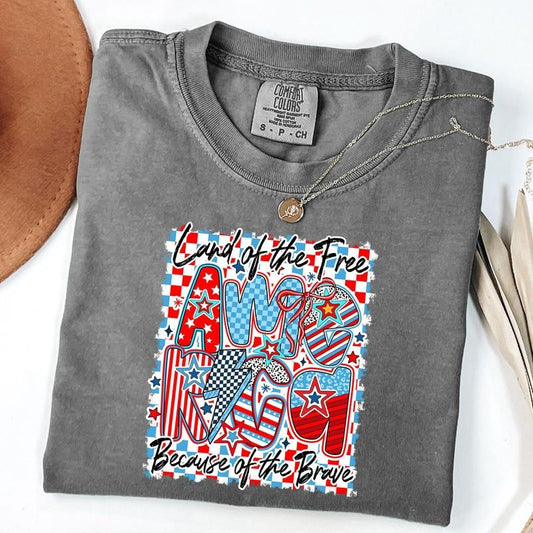Comfort Colors Retro Checkered America Shirt, 4th of July T-Shirt, Coquette USA T-Shirt, Patriotic Shirt, Unisex T-Shirt