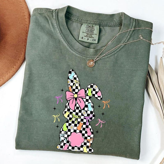 Comfort Colors Retro Easter Bunny Coquette Shirt, Pink Easter Bow Tee, Checkered Easter Bunny Shirt