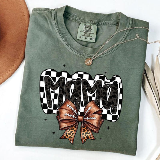 Comfort Colors Retro Football Mama Shirt, Football Coquette Shirt, Game Day Football Bow T-shirt, Checkered Mama Tee, Unisex T-Shirt