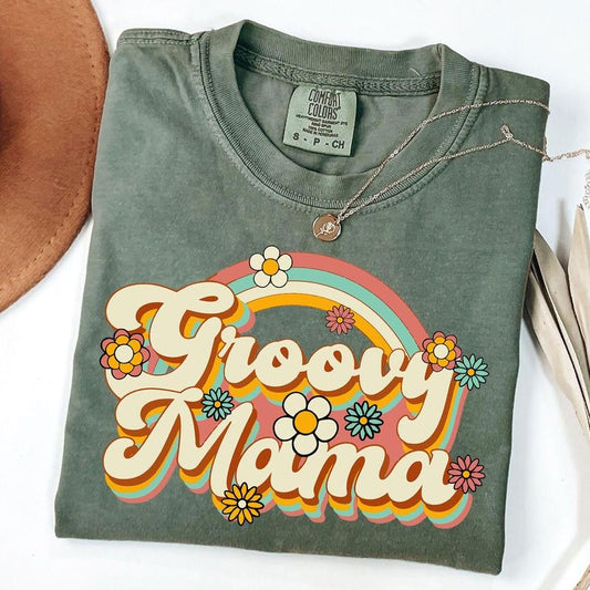 Comfort Colors Retro Groovy Mama Shirt, Floral Mama T-Shirt, Groovy Birthday Party Outfit, Mother's Day Gift, New Mom Gift, Unisex T-Shirt