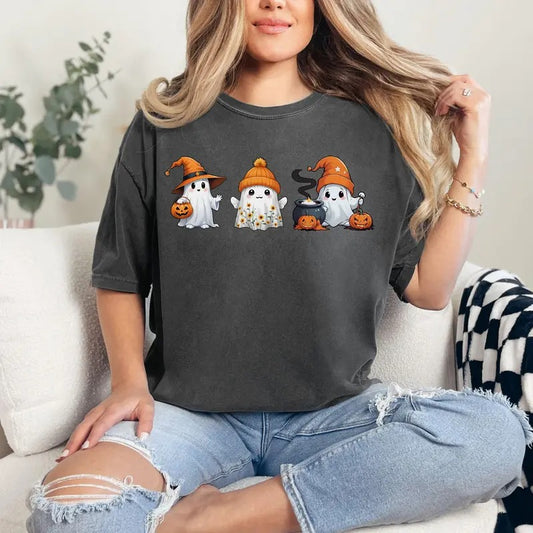 Comfort Colors Retro Halloween Ghost Shirt for Women, Spooky Season Holiday Tee Shirts, Cute Fall Shirt, Pumpkin Tee Halloween Gift