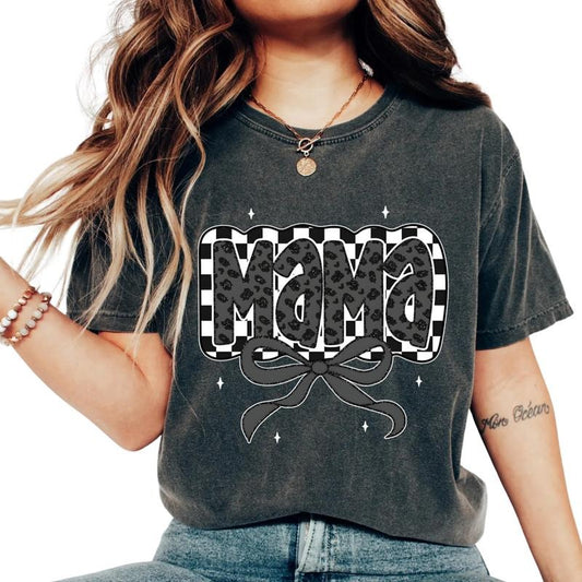 Comfort Colors Retro Mama Checkered Bow T-Shirt, Coquette Leopard Print Mama Shirt, Cute Mother's Day Gift, Vintage Aesthetic Tee, Ultra Soft Cotton Tee, Everyday Casual Wear