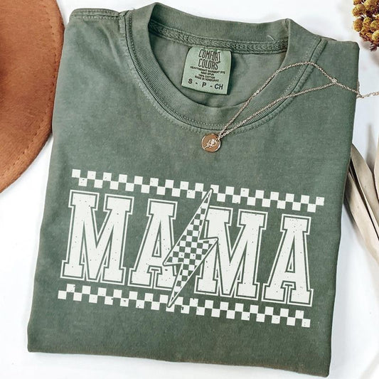 Comfort Colors Retro Mama Lightening Bolt Shirt, Varsity Mama Shirt, Mother's Day Gift, Gift for Mama, Retro 90s Checkered Mom Shirt Cotton Fit