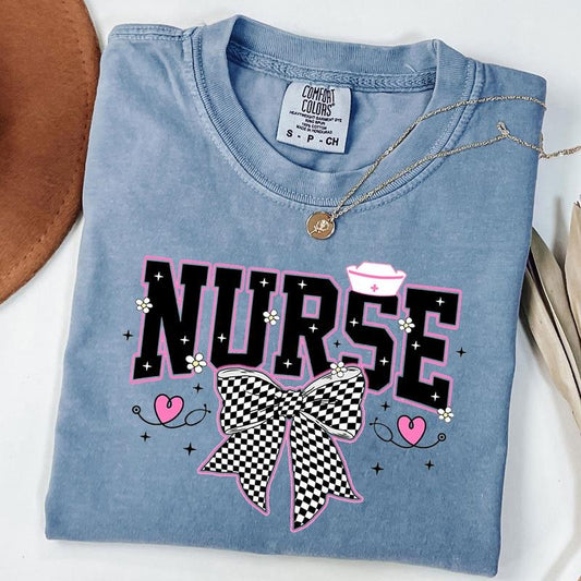 Comfort Colors Retro Nurse Bow Shirt, Nurse Life T-Shirt, RN CNA Nurse Shirt, Checkered Coquette Unisex T-Shirt