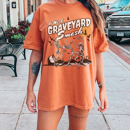 Comfort Colors Retro Skeleton Halloween Shirt, Trendy Fall Tee, Spooky Season, Graveyard Smash Shirt, Vintage Style Oversized Tee