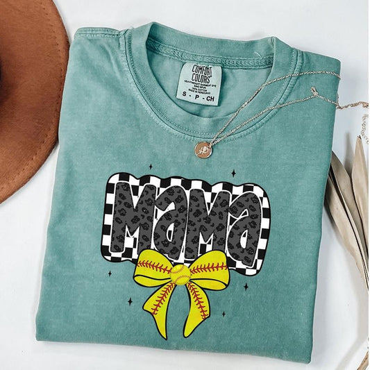 Comfort Colors Retro Softball Mama Shirt, Softball Coquette Shirt, Game Day Softball Bow T-shirt, Checkered Mama Tee, Unisex T-Shirt