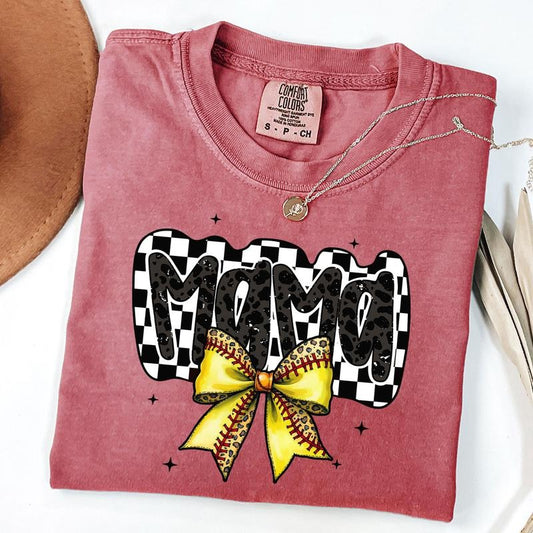 Comfort Colors Retro Softball Mama Shirt, Softball Coquette Shirt, Game Day Softball Bow T-shirt, Checkered Mama Tee, Unisex T-Shirtstyle{n002}2