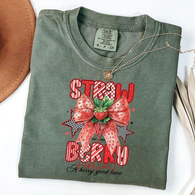 Comfort Colors Retro Strawberry Festival Shirt, Cute Strawberry Bow Shirt, Summer Vibese T-Shirt, Unisex T-Shirt