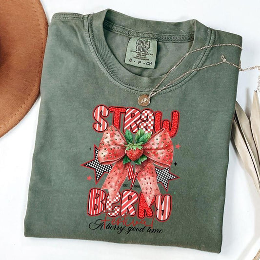 Comfort Colors Retro Strawberry Festival Shirt, Cute Strawberry Bow Shirt, Summer Vibese T-Shirt, Unisex T-Shirt