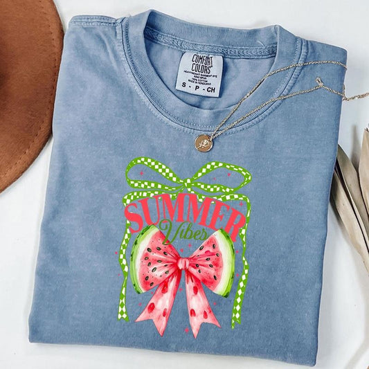 Comfort Colors Retro Summer Vibes Tee, Watermelon Bow T-Shirt, Checkered Bow Shirt, Trendy Summer Shirt