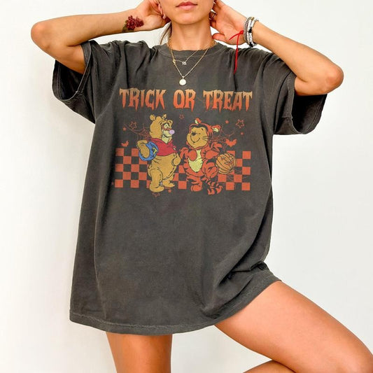 Comfort Colors Retro Trick or Treat Pooh and Tigger Halloween Shirt, Pooh Halloween Shirt