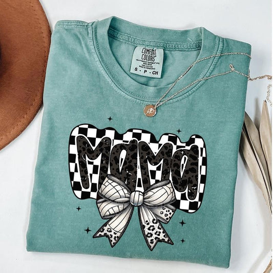 Comfort Colors Retro Volleyball Mama Shirt, Volleyball Coquette Shirt, Game Day Volleyball Bow T-shirt, Checkered Mama Tee, Unisex T-Shirt