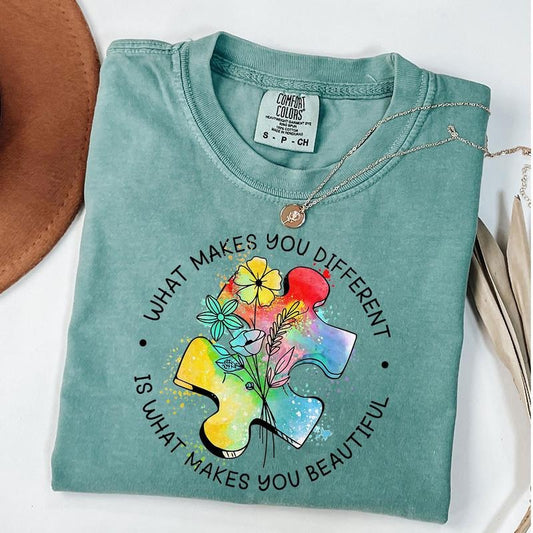 Comfort Colors Retro Wildflower Autism Shirt, What Make You Different Make You Beautiful Shirt, Colorul Autism Puzzle T-Shirt, Unisex T-Shirt