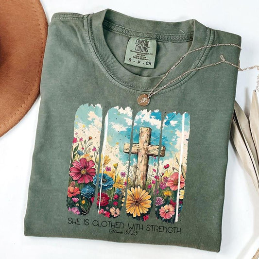 Comfort Colors She is Clothed with Strength Shirt, Wildflower Christian Shirt, Bible Verse, Jesus, Faith, God, Unisex T-Shirt