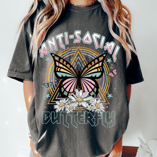 Comfort Colors Shirt, Anti-Social Butterfly T-shirt, Womens T-shirt Oversized, Womens Graphic Tee, Comfort Cotton Womenswear Fabric Top Oversized Underwear Women Tshirt