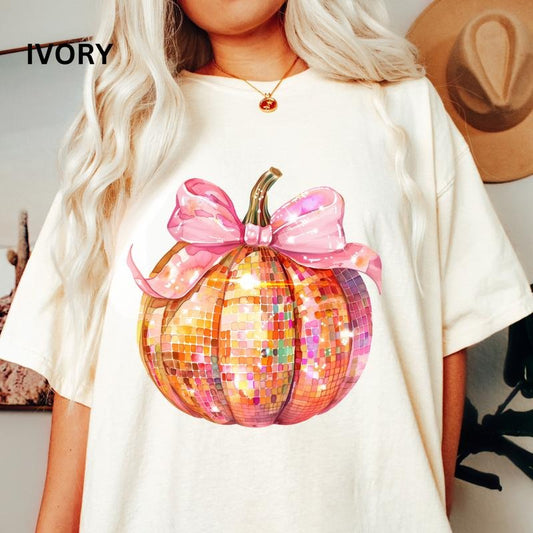 Comfort Colors Shirt, Fall Disco Pumpkin with Bow Shirt, Comfort Colors Fall Shirt, Halloween Graphic Shirt,Casual Shirt Unisex, Halloween Clothing, Graphic Halloween Apparel, Casual Cotton T-shirt, Unisex Halloween