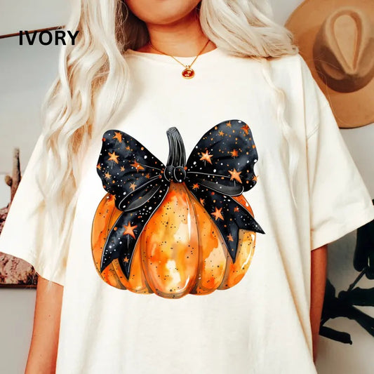 Comfort Colors Shirt, Fall Pumpkin with Black Bow Shirt, Comfort Colors Fall Shirt, Halloween Graphic Shirt,Casual Shirt Unisex, Halloween Clothing, Graphic Halloween Apparel, Casual Cotton T-shirt, Unisex Halloween