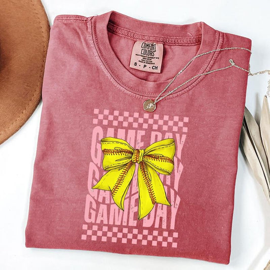 Comfort Colors Softball Game Day Shirt, Checkered Coquette Bow Softball Shirt, Pink Softball Player Tee, Unisex T-Shirt