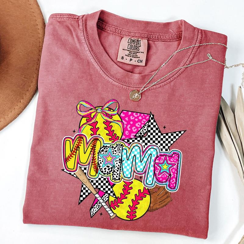 Comfort Colors Softball Mama Shirt, Brushstroke Softball Coquette Shirts, Softball Bow T-Shirt, Unisex T-Shirt