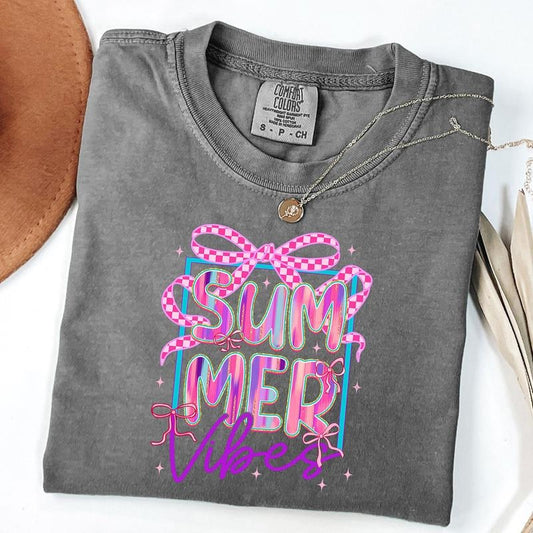 Comfort Colors Summer Vibes Coquette Shirt, Retro Summer Shirt, Beach, Summer Checkered T-Shirt, Unisex T-Shirt