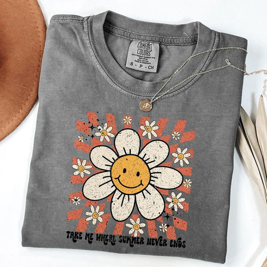 Comfort Colors Take Me Where Summer Never Ends Shirt, Summer Smiley Face Shirt, Daisy Shirt, Unisex T-Shirt