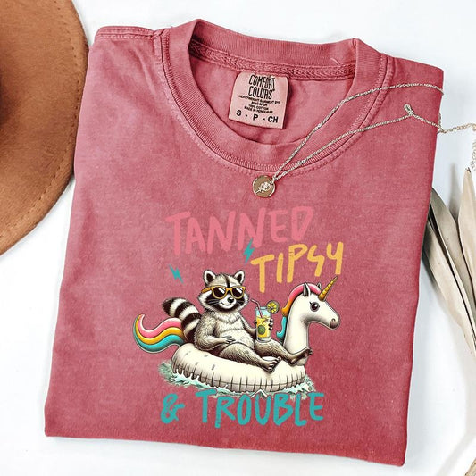 Comfort Colors Tanned And Tipsy Shirt, Funny Raccoon Tee, Retro Summer Shirt, Unisex T-Shirt