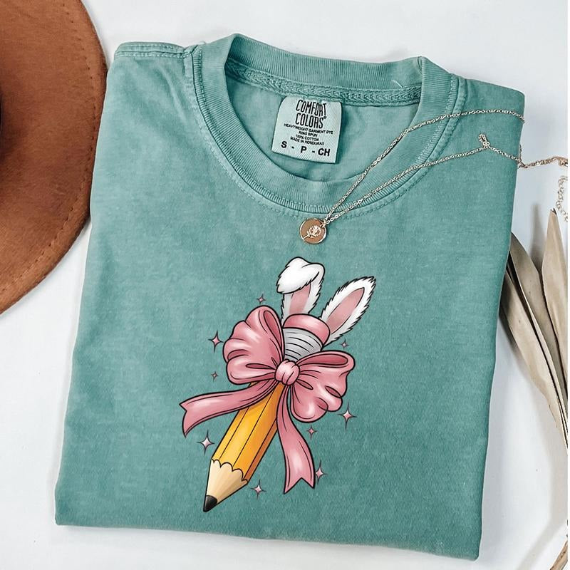 Comfort Colors Teacher Bunny Coquette Shirt, Pencil Bunny Shirt, Teacher Life Easter Shirt, Teacher Bunny T-Shirt, School Easter Tee, Unisex T-Shirt
