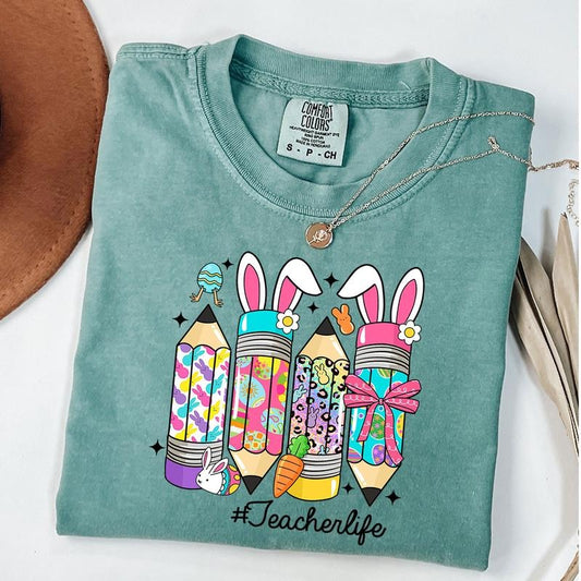 Comfort Colors Teacher Easter Coquette Shirt, Pencil Bunny Shirt, Teacher Life Shirt, Teacher Easter T-Shirt, Unisex T-Shirt