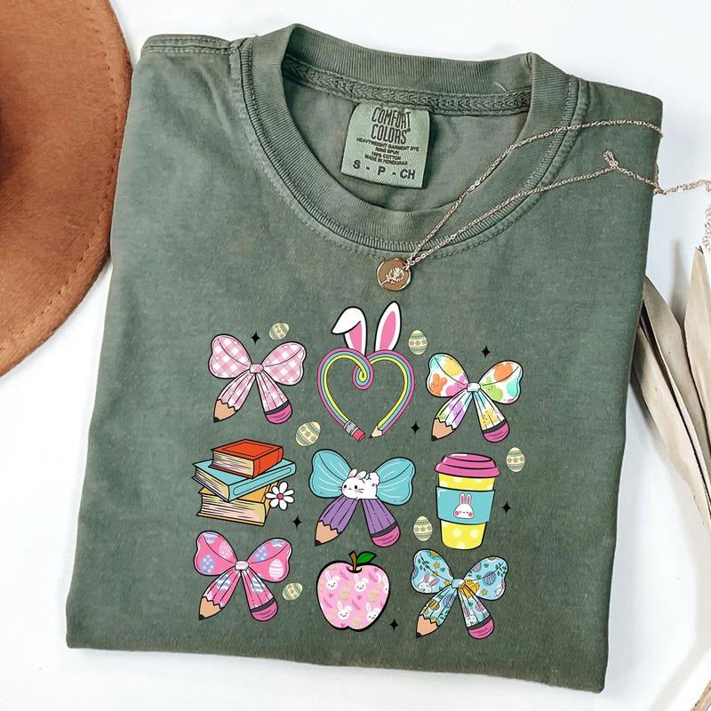 Comfort Colors Teacher Easter Coquette Shirt, Teacher Bunny T-Shirt, Pencil Coquette Shirt, Unisex T-Shirt