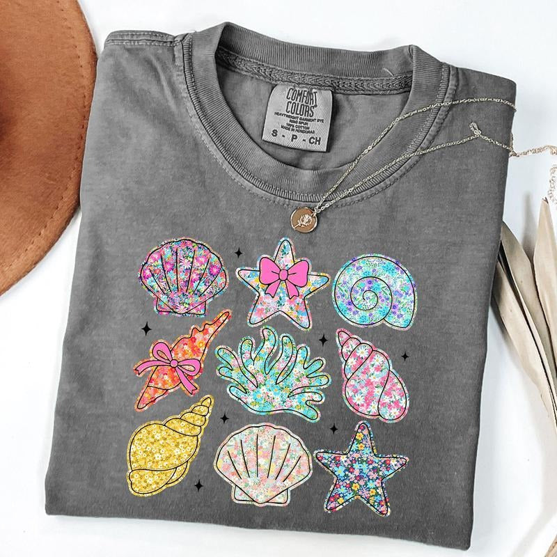 Comfort Colors Wildflower Seashell Clam Summer T-Shirt, Summer Beach T-Shirt, Wildflower Summer Shirt, Unisex T-Shirt