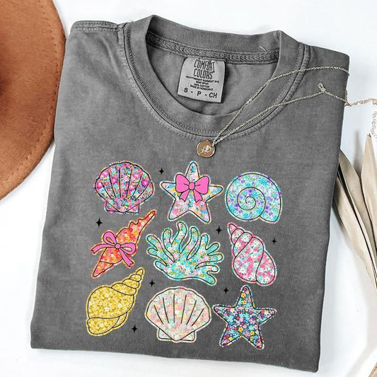 Comfort Colors Wildflower Seashell Clam Summer T-Shirt, Summer Beach T-Shirt, Wildflower Summer Shirt, Unisex T-Shirt