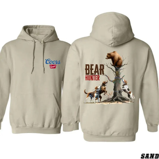 Coors Banquet Bear Hunter Hoodie - Unique Outdoor Design Featuring Bear and Hunting Dogs Graphics, camo country hoodies, for Bear Hunting Enthusiasts and Coors Banquet Fans, Unisex Hoodie for Comfortable and Rugged Outdoor Style Menswear Sweaters
