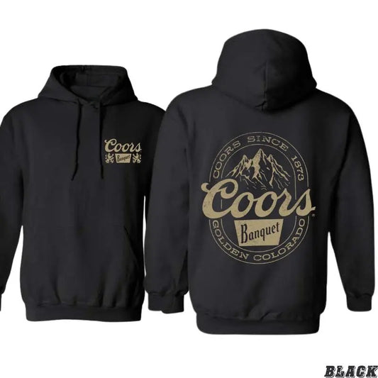 Coors Banquet Hoodie Sweatshirt TShirt, Classic and Rugged Design Featuring Retro Coors Logo with Mountain Graphics, For Beer Enthusiasts and Outdoor Adventurers