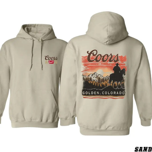 Coors Golden Colorado Hoodie with Cowboy Silhouette Design, Unisex Casual Sweatshirt for Outdoor Enthusiasts and Beer Lovers