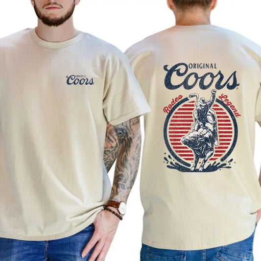 Coors Original T-Shirt - Classic Rodeo Legend Graphic Featuring Bull Rider and Retro Stripe Design, Unisex T-Shirts, Menswear Tops