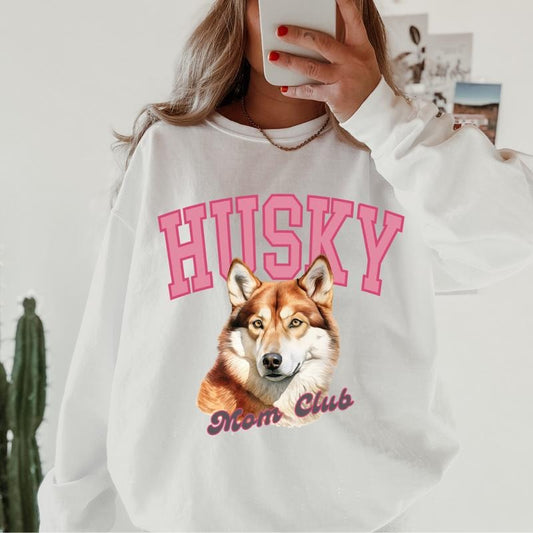 Copper and White Husky Mom Club Sweatshirt ~ Sweatshirt Unisex Apparel Relaxed Fit Printed in the USA Clothing Womenswear Casual and Comfortable