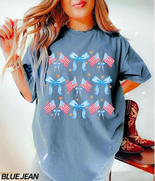 Coquette 4th of July Shirt, American Flag Shirt, Ribbon USA Flag Shirt, Retro 4th of July Shirt, Trendy Summer TShirt, Coquette Bow Tee