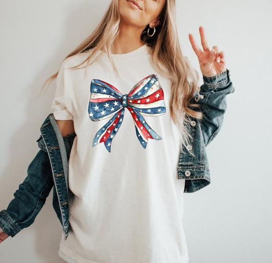 Coquette America Bow Shirt, USA Shirt, 4th of July shirt, Patriotic Memorial Day shirt, American Flag Bow, Women's Shirt Gift
