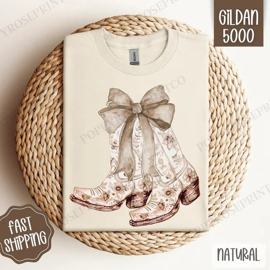 Coquette Beige Cowgirl Boots Shirt Gildan, Women's Tee, Cute Beige Bow Boots Women's Tshirt Plus Sizes